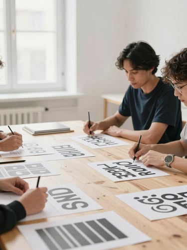 Candid, unposed workshop session in a daylight-filled Swiss studio, designers collaborating over printed typography layouts on a long wooden table, desaturated crisp photography.
