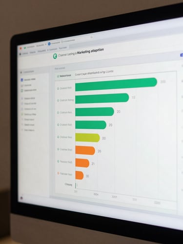 Close-up of a marketing attribution dashboard on a large monitor, multi-touch funnel breakdown with channel ROI bars and cohort retention curves, clean studio lighting from left, no people, screen fills most of the frame