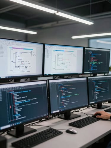 Wide-angle view of a data engineering workspace showing multiple terminal windows with pipeline orchestration logs, Airflow DAG graphs on one screen, cool fluorescent lighting, close crop on the monitors, no people