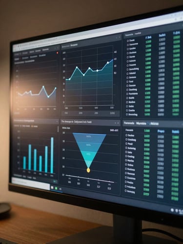 Close-up of a multi-panel analytics dashboard on a wide monitor, showing time-series revenue charts, funnel conversion metrics, and a live model inference table, even studio lighting from the left, screen glow providing the only warm tones, dark interface with teal and blue accent lines, no human subjects visible