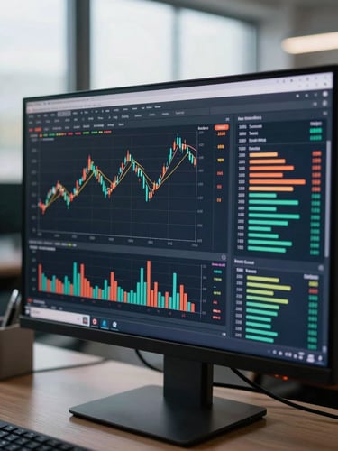 Close-up of a financial analytics dashboard on a wide monitor showing real-time risk model output, probability scores and feature importance bars, even cool office window light, no people visible, shallow depth of field on the screen