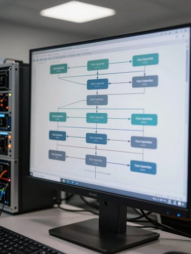 Close-up of multiple data pipeline architecture diagrams spread across two large monitors in a dim engineering workspace, overhead diffused studio lighting, wiring and server rack visible at left edge, focus on the screen content showing workflow nodes and connector lines