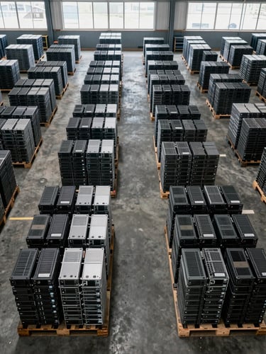 Wide panoramic overhead shot of an industrial warehouse sorting floor, stacks of decommissioned laptops and servers arranged in organised rows on pallets, cool daylight flooding through high windows, concrete floor visible, no people, clinical and ordered — shot from directly above with tight framing on the equipment geometry