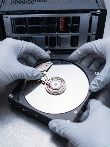 Extreme close-up, overhead framing — gloved hands removing a hard drive from a rack-mounted server chassis, clinical cool-white strobe lighting, steel worktop surface visible at edges, no faces