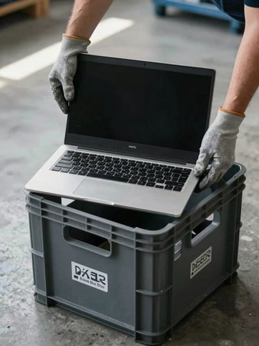 Tight overhead shot of two gloved hands lifting a decommissioned laptop from a labelled collection crate, cool warehouse fluorescent lighting, concrete floor visible below, crisp clinical framing with no background clutter