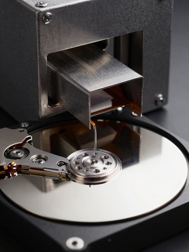 Close-up of a hard drive being fed into an industrial shredding mechanism, cool studio strobe lighting, sharp focus on the drive edge and machine intake, dark steel machine casing filling the background, clinical and precise framing