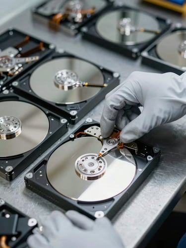 Tight close-up overhead shot of gloved hands methodically organising disassembled hard drives on a steel work surface inside a secure facility, cool strobe lighting, clinical focus on metal components and cable detail, no faces