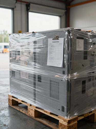 Close-up of palletised IT equipment wrapped in clear stretch film, customs documentation clipped to the pallet face, warehouse loading dock doors open in background with cool natural light flooding in, concrete floor, no people