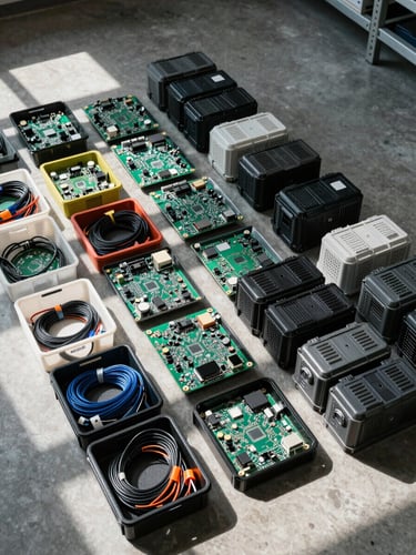 Tight overhead shot of sorted IT components — circuit boards, plastic casings, and cable bundles arranged in labelled bins on a concrete sorting floor, cool daylight from warehouse skylights, sharp industrial shadows, no people