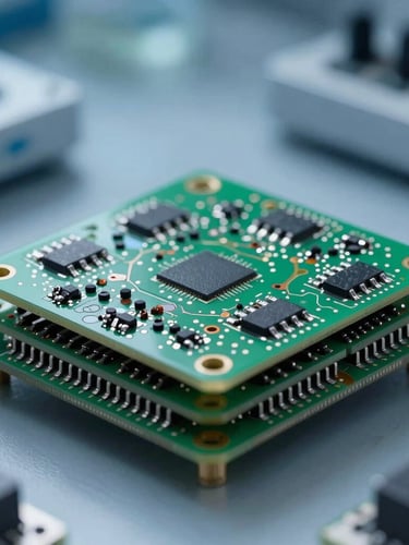 Macro close-up of a multi-layer PCB board with clean solder joints, clinical blue laboratory lighting, high-contrast industrial studio framing.