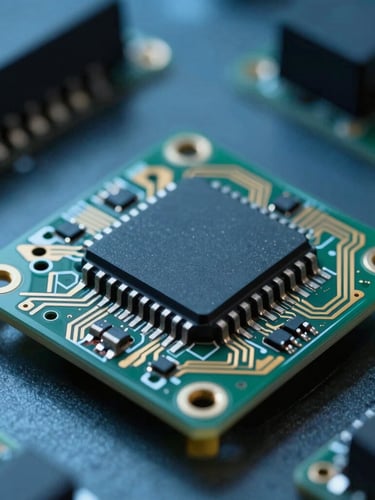 Macro close-up of a multi-layer PCB navigation module, showing the shielded GPS receiver chip and gold-plated trace lines under cool clinical blue laboratory light.