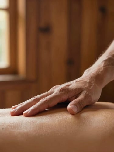Close-up of master therapist's hands applying precise acupressure along a meridian line, warm natural light, rich teakwood background, shallow depth of field, 35mm