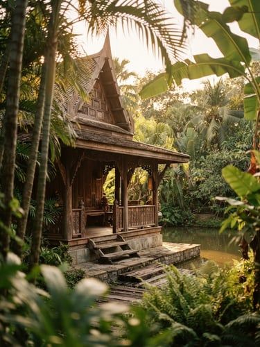 Warm editorial photography of a serene traditional Thai teakwood pavilion exterior, soft golden hour sunlight filtering through lush tropical palm leaves, shallow depth of field, 35mm