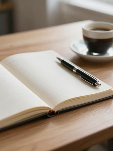 Close-up of a clean wooden desk with a notebook, pen, and high-quality espresso in quiet morning light, shallow depth of field.
