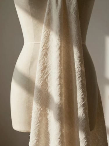 Tactile close-up of heavy neutral muslin fabric draped over a physical dress form in a sunlit Provo studio, warm natural morning light, soft shadows, architectural minimalism.