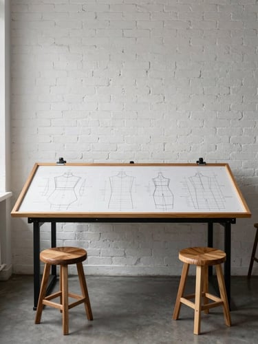 A minimalist design studio interior with white brick walls, a large drafting table showing technical garment patterns, and warm oak stools.