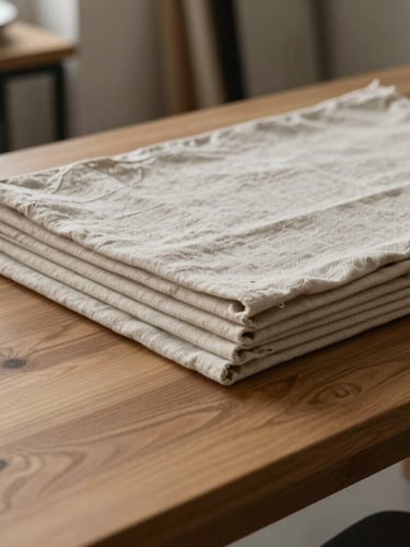 Soft diffused daylight over a heavy oak drafting table in a Provo studio, neutral linen fabric bolts stacked neatly, minimalist aesthetic.