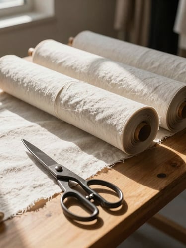 A bright, sunlit Provo fashion studio with rolls of neutral linen, heavy iron shears on a wooden drafting table, warm natural light.