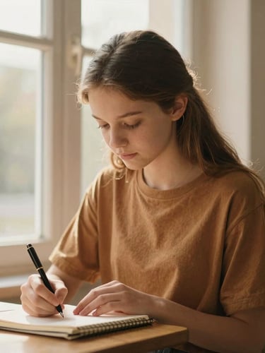 Medium environmental portrait of a focused teenage girl writing in a notebook near a window, soft natural light, warm editorial photography, 35mm lens
