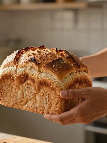 A close-up of hands passing a warm, fresh loaf of bread in a clean, sunlit community kitchen, warm editorial style
