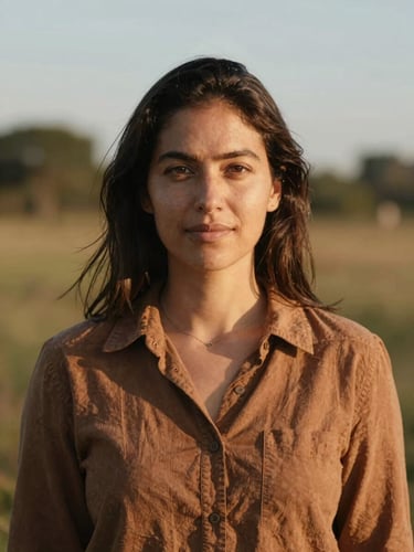 A medium environmental portrait of a focused woman community leader looking directly at the camera with agency and warmth, warm natural golden-hour light, 35mm lens, rich earthy tones