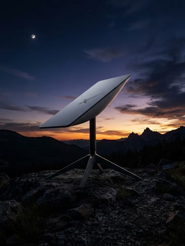 Starlink dish against a dramatic, clean twilight sky, low horizon, wide shot, premium dark product photography, sharp rim lighting.