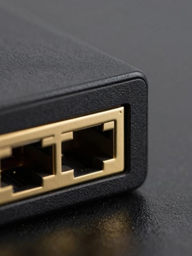 Ultra-sharp macro photography of a pristine gold-plated network port on a matte black router chassis, dramatic side rim lighting, negative space on the right