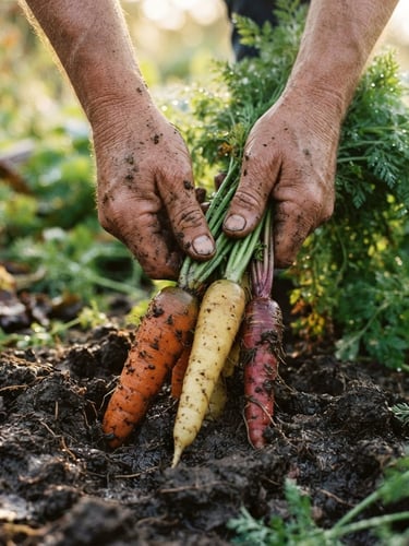 Low-angle shot of weathered hands pulling heirloom carrots from rich dark soil, soft golden morning light, dew drops on green tops, shallow depth of field.