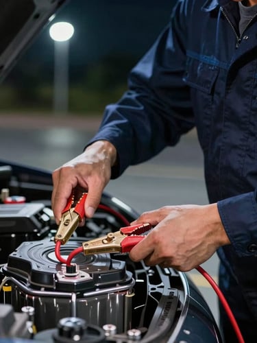 Close-up of a professional technician in a dark blue uniform connecting red jumper cables to a car battery under streetlights at night, high contrast, dramatic lighting.