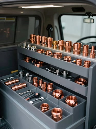 Interior view of a highly organized, clean service truck workshop, with tools and copper fittings neatly arranged in custom bins.