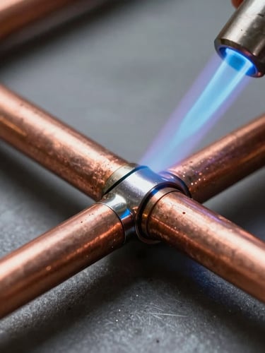 Macro shot of clean copper pipes being soldered with a bright blue flame, sharp focus on the metallic joint, cool-toned work light.
