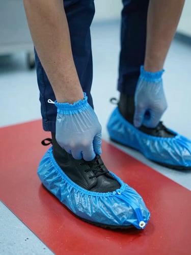 Close-up of a technician's feet in clean black work boots putting on blue protective shoe covers, stepping onto a red protective floor runner inside a clean utility room, bright cool lighting.