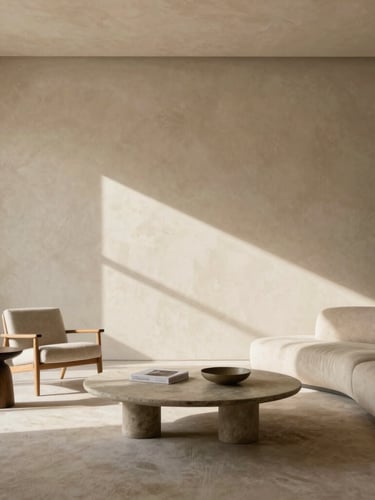 Wide architectural angle of a minimalist Madrid living room with hand-troweled warm bone plaster walls, natural directional daylight raking across the texture, elegant low furniture.