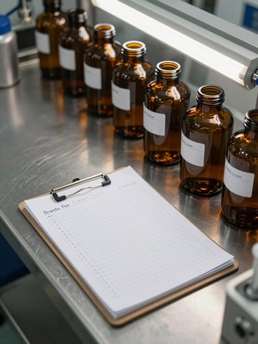 Close overhead view of a chemical batch preparation area — labeled amber glass containers lined up on a stainless steel bench, a clipboard with handwritten run notes, fluorescent facility light, no people in frame