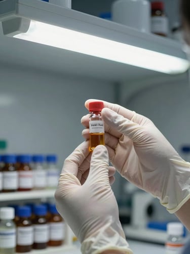 Lab bench close-up showing hands in nitrile gloves holding a small glass vial of amber liquid up to fluorescent overhead light, rows of labeled sample bottles blurred in background, technical working environment
