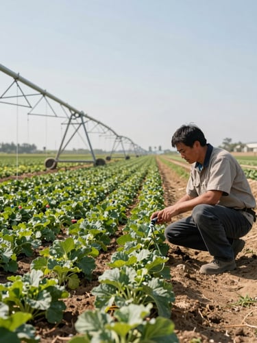 Wide environmental shot of a drip irrigation field in operation, rows of low crops under direct midday light, a technician crouching to inspect a drip emitter in the right foreground, no posed portrait