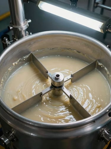 Close-up of industrial chemical mixing equipment, overhead view of an open batch vessel with viscous compound being stirred, metal paddles mid-rotation, fluorescent facility light, no people