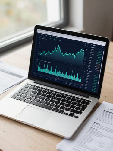 Close overhead view of a laptop screen showing a financial dashboard with teal chart lines and navy data rows, financial documents spread beside it on a desk, office daylight from a side window, no faces visible