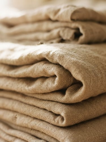 Intimate close-up of folded organic linen fabric in soft morning daylight, warm sand tones, minimalist composition, 35mm film