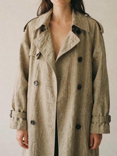 Intimate portrait of a woman in a heavy draped linen trench coat, standing in soft diffused daylight, muted warm earth tones, 35mm film style.