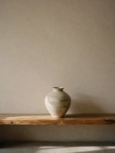 A minimalist architectural interior with a single raw ceramic vase on a wooden bench, soft daylight casting gentle shadows, warm neutral tones
