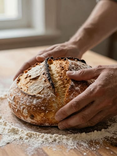 Close-up macro shot of hands kneading sourdough on a flour-dusted wooden table, warm morning window light, rich organic textures, shallow depth of field