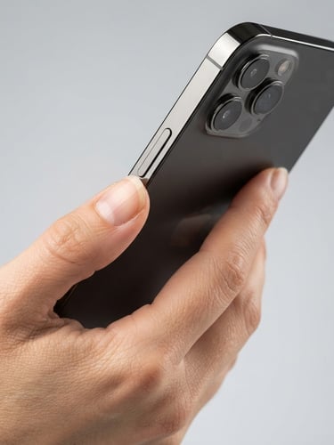 Crisp macro shot of a hand holding a modern smartphone, bright studio lighting, neutral gray background, sharp focus, 50mm lens