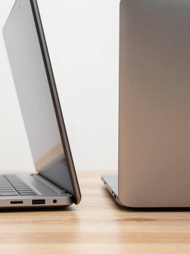 Close-up of two modern laptops side-by-side on a clean wooden desk, bright studio lighting, sharp focus on the hinge and screen bezels