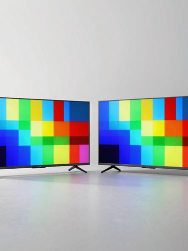 Two smart TVs side-by-side displaying vibrant test patterns in a bright living room setup, neutral background