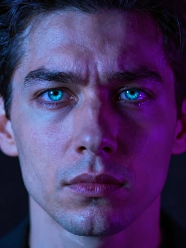 Close-up portrait of a dramatic actor with intense emotional expression, neon violet and cyan lighting reflected in the eyes, vertical 9:16 framing, dark background, sharp studio focus