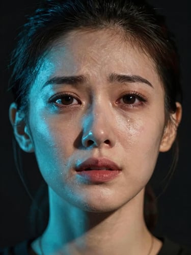 Close-up portrait of an expressive female actress, dramatic cyan backlighting, intense tearful eyes, vertical 9:16 framing, sharp studio lighting, dark background
