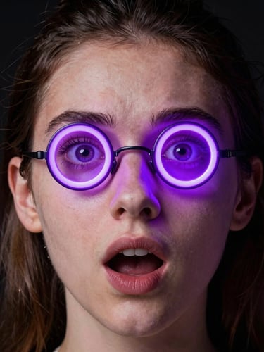Close-up portrait of a young actress expressing intense surprise, neon violet ring light reflected in her eyes, sharp studio lighting, tight vertical crop, high contrast.