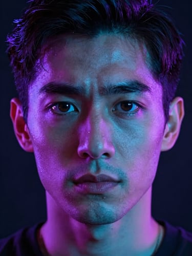 Close-up portrait of an actor with intense emotional expression, dramatic neon violet and cyan backlighting, vertical 9:16 framing, sharp studio lighting, reflection in eyes