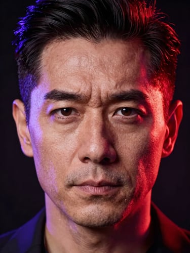 Close-up portrait of a mature male actor with sharp facial features, neon red and purple studio light, vertical 9:16 framing, sharp studio lighting, dark background